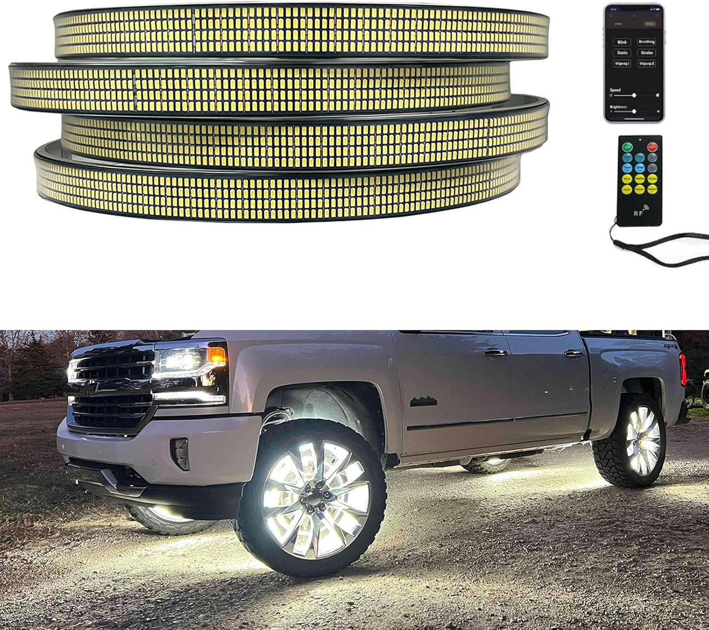 New 4Pcs 17in 8 Row Wheel Ring Lights Super Bright 8896Pcs 5730SMD LED Wheel Light with APP & RF Remote Control,Waterproof IP68 Pure White Wheel Rim Lights