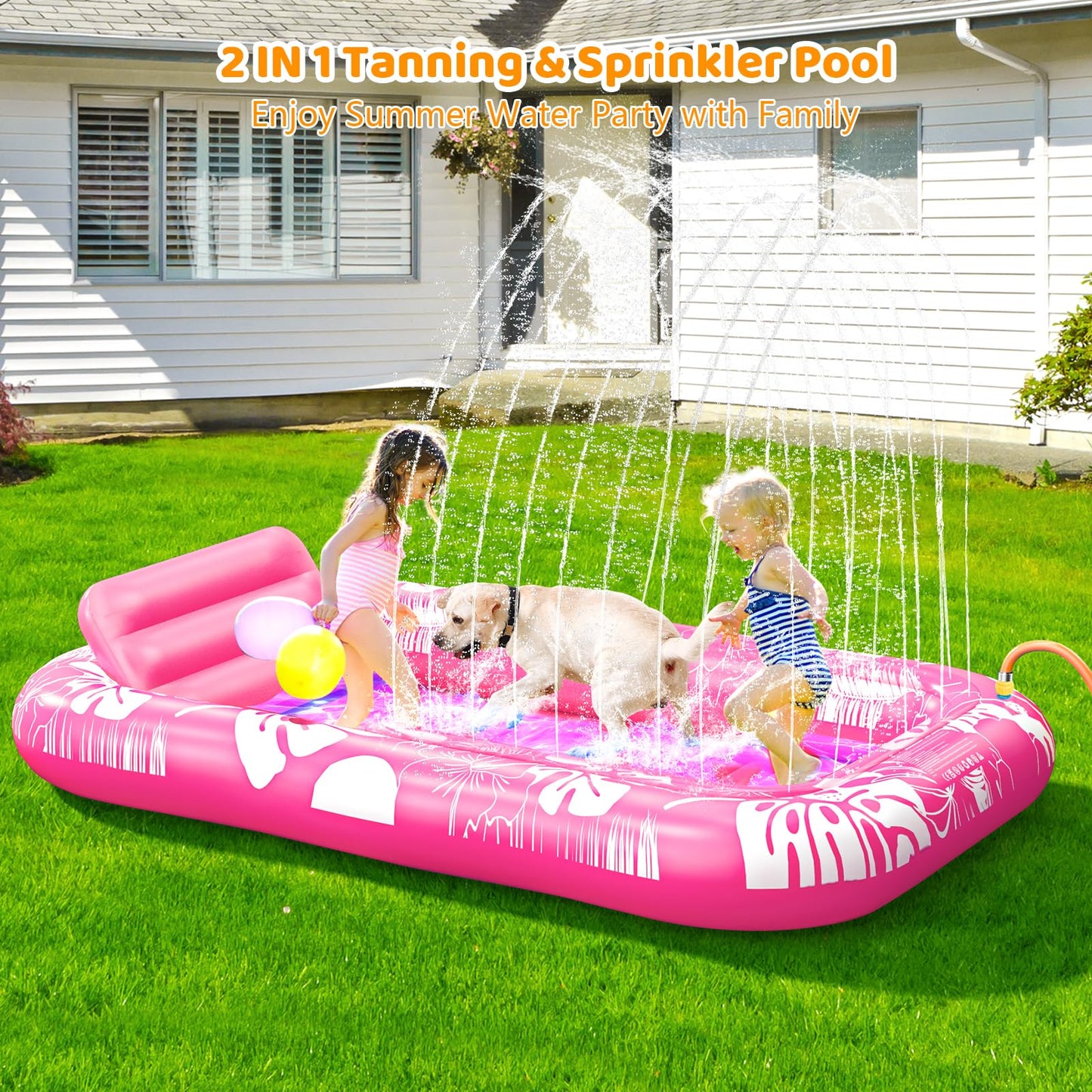 Inflatable Tanning Pool Lounger Float with Sprinkler, 77" x 48" Pool Floats Adult with Pillow, 6 in 1 Suntan Tub Raft Floatie with Drink Holder Sunbathing Water Lounge