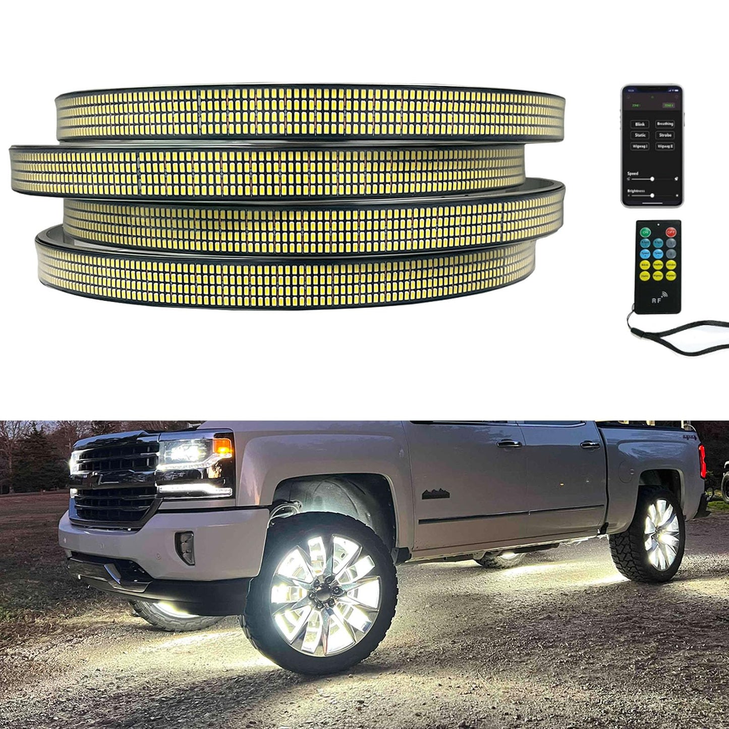 New 4Pcs 17in 8 Row Wheel Ring Lights Super Bright 8896Pcs 5730SMD LED Wheel Light with APP & RF Remote Control,Waterproof IP68 Pure White Wheel Rim Lights