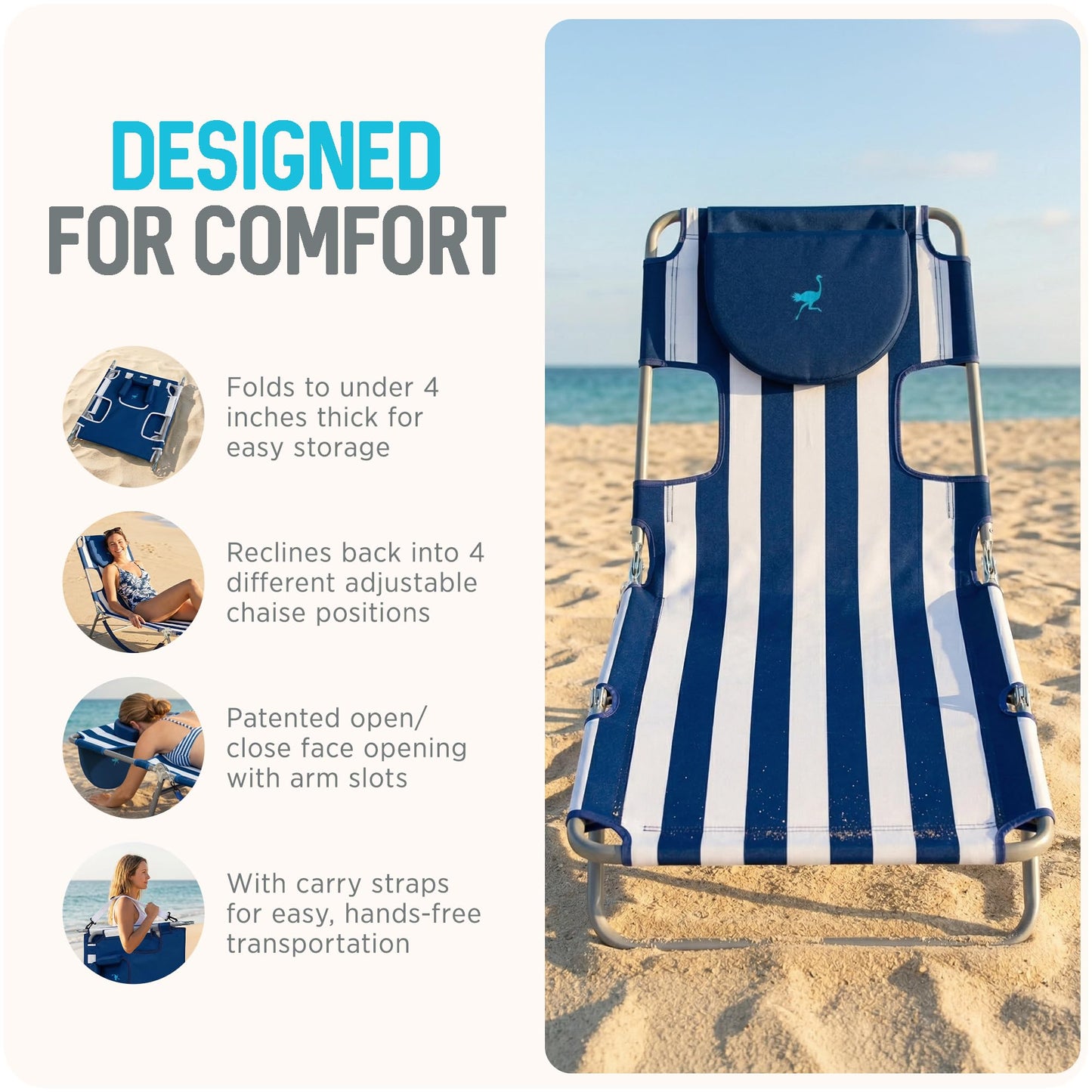 Ostrich the Original Chaise 72 x 22 Inch Lounge Portable Reclining Lounger, Outdoor Patio, Beach, Lawn, Camping, or Pool Tanning Chair, Teal