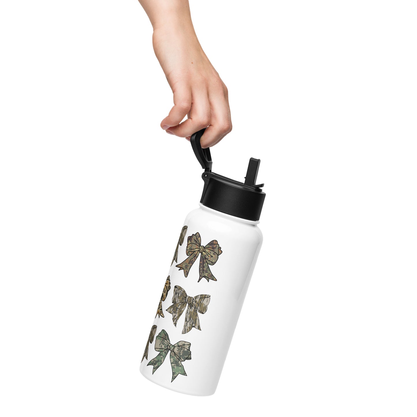 Camo Bow Coquette Stainless steel water bottle with a straw lid