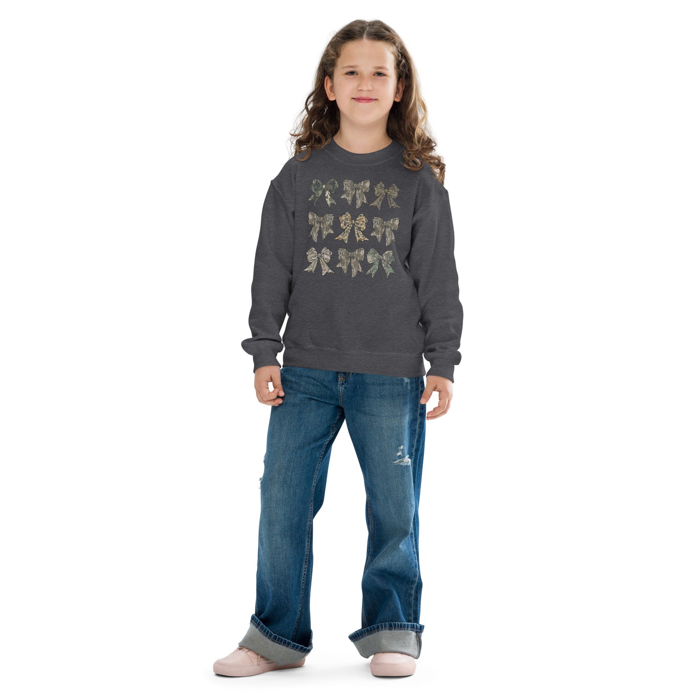 Youth camo bow coquette crewneck sweatshirt