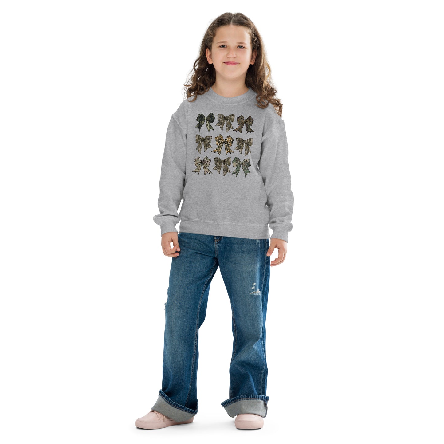 Youth camo bow coquette crewneck sweatshirt