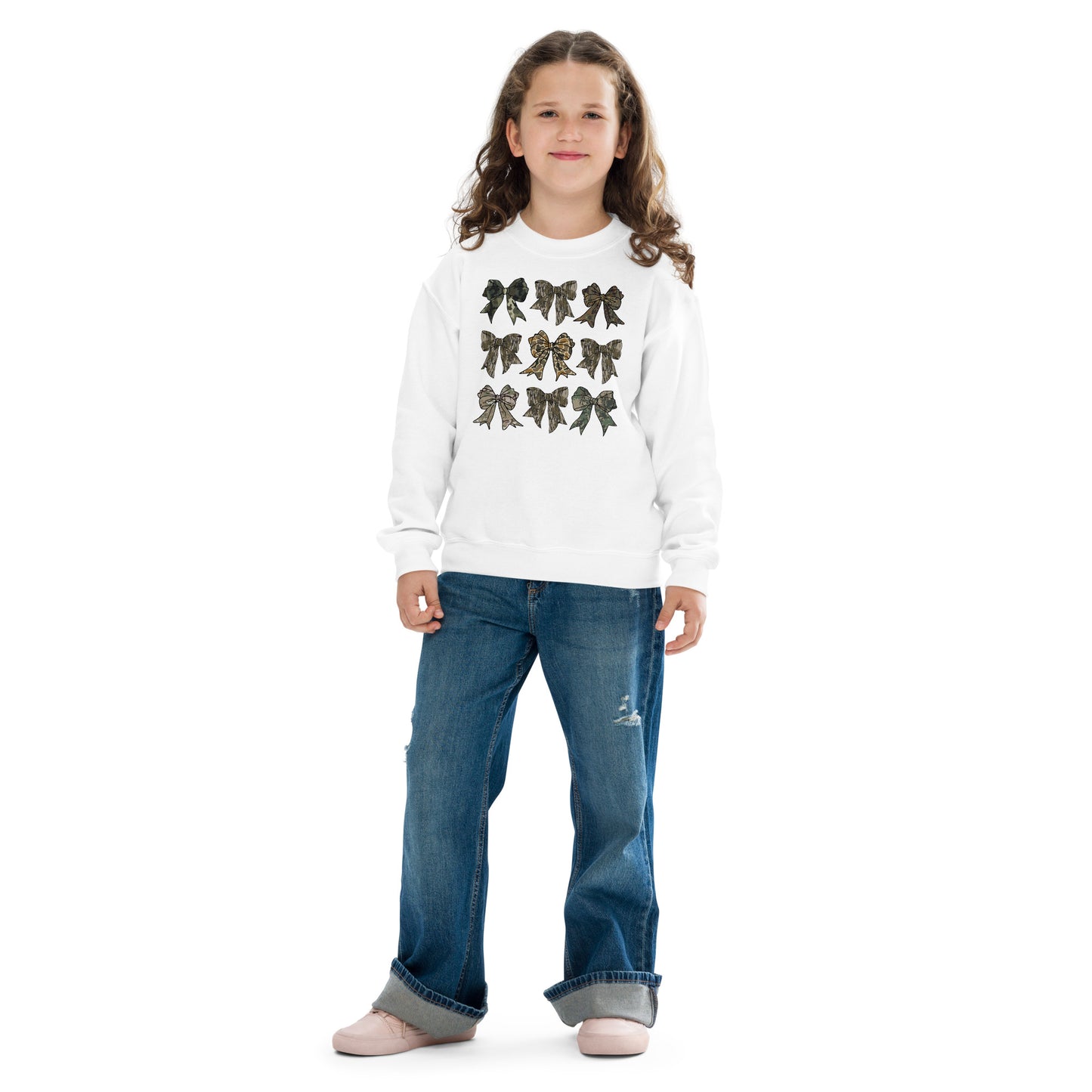 Youth camo bow coquette crewneck sweatshirt